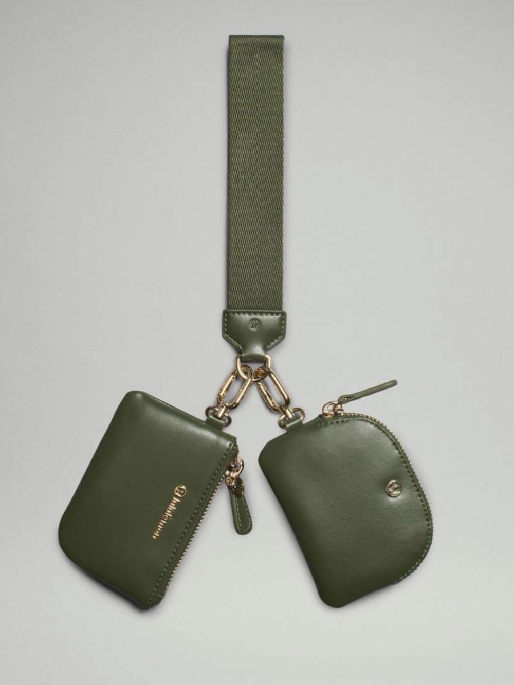 New Lululemon Dual Pouch Wristlet *Leather Alternative - Barracks Green / Gold